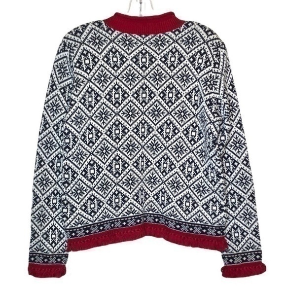 Talbots Black and White Nordic Fair Isle Snowflake Sweater with Red Fringe Small - Picture 4 of 9
